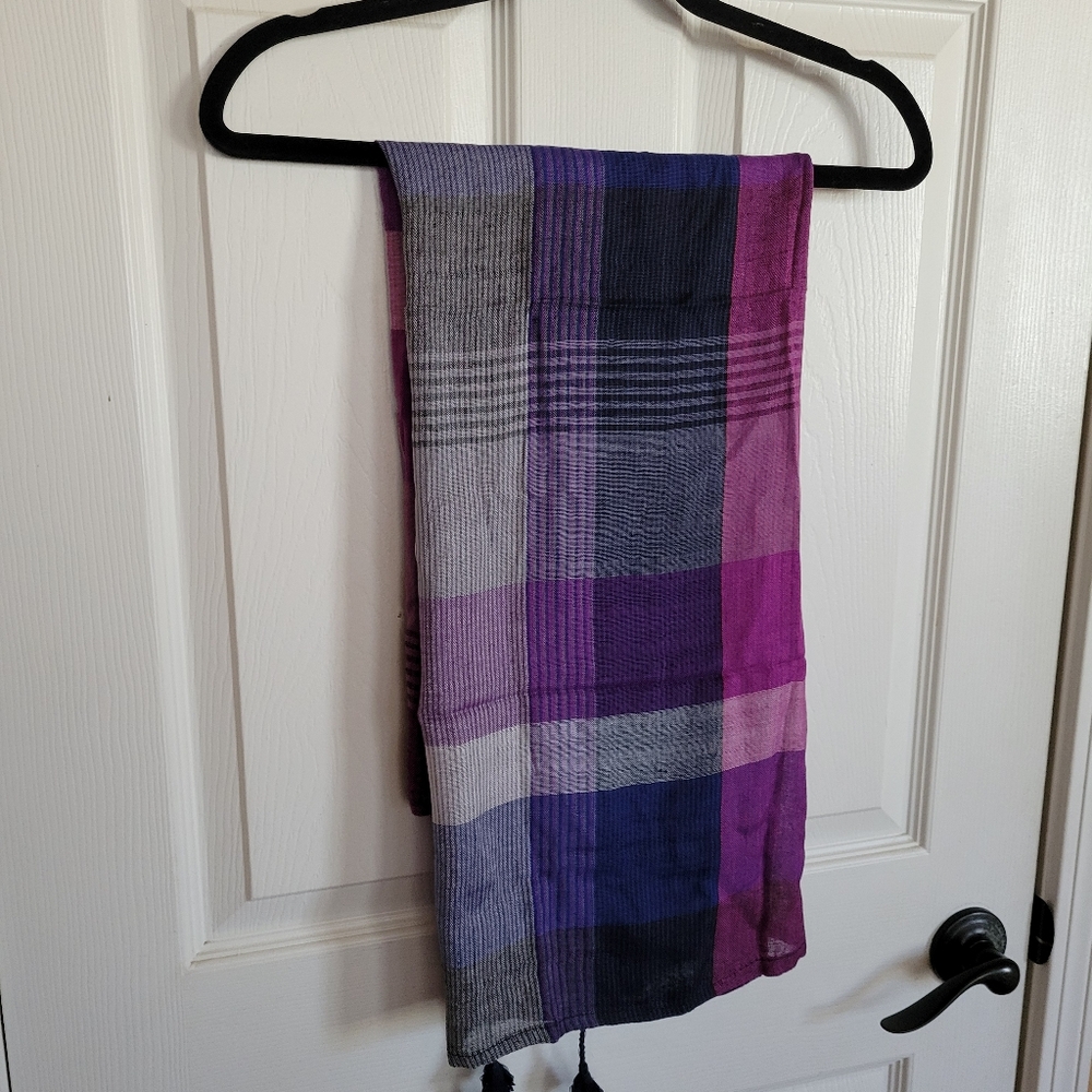 Erfurt Denmark Vintage Luxury Purple Plaid Scarf Wrap w/Corner Poms, NWOT